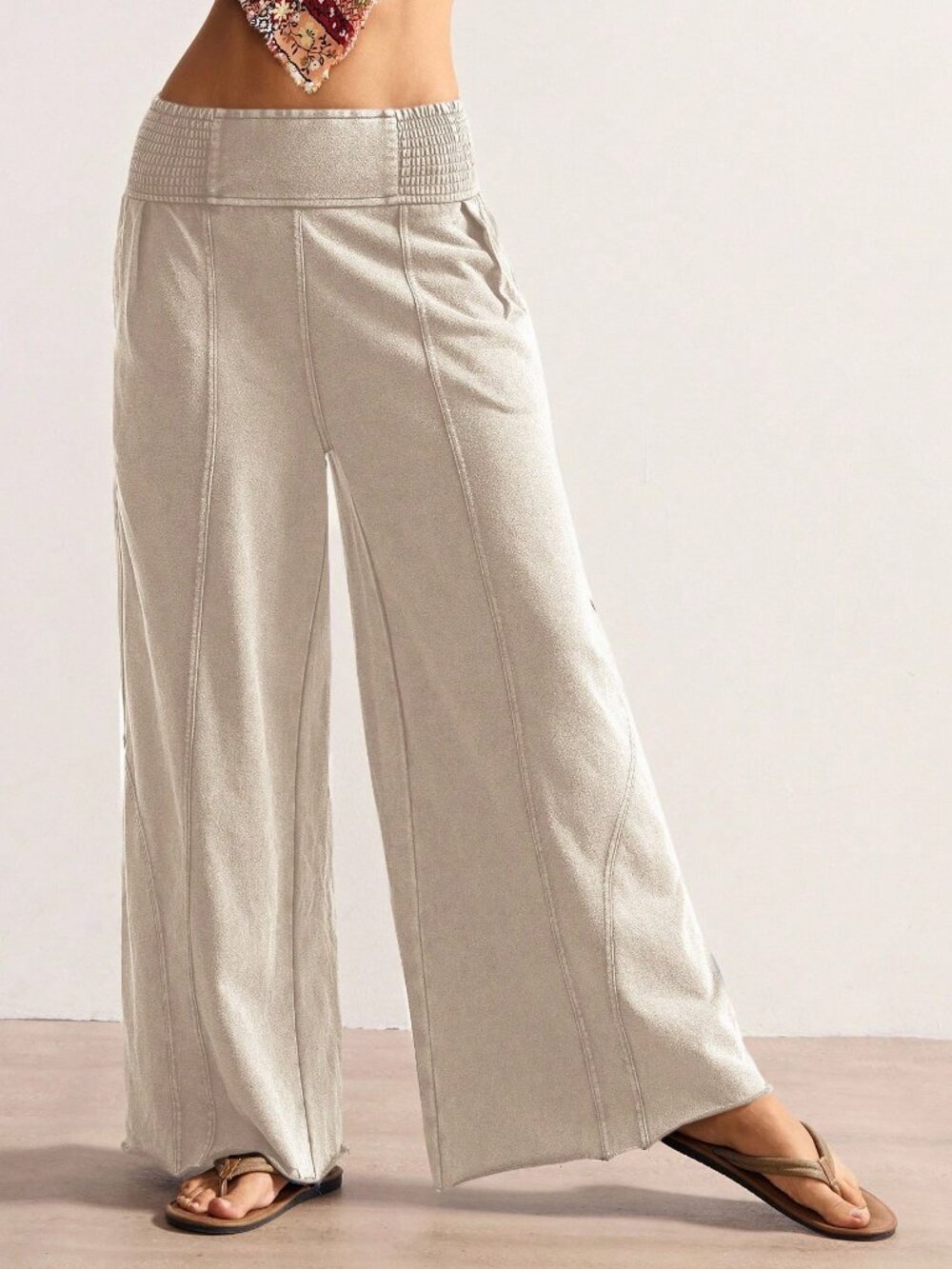 Khaki Casual Women's Knit Loose Wide-Leg Washed Smocked Waist Pants with Pockets - Picture 3 of 7